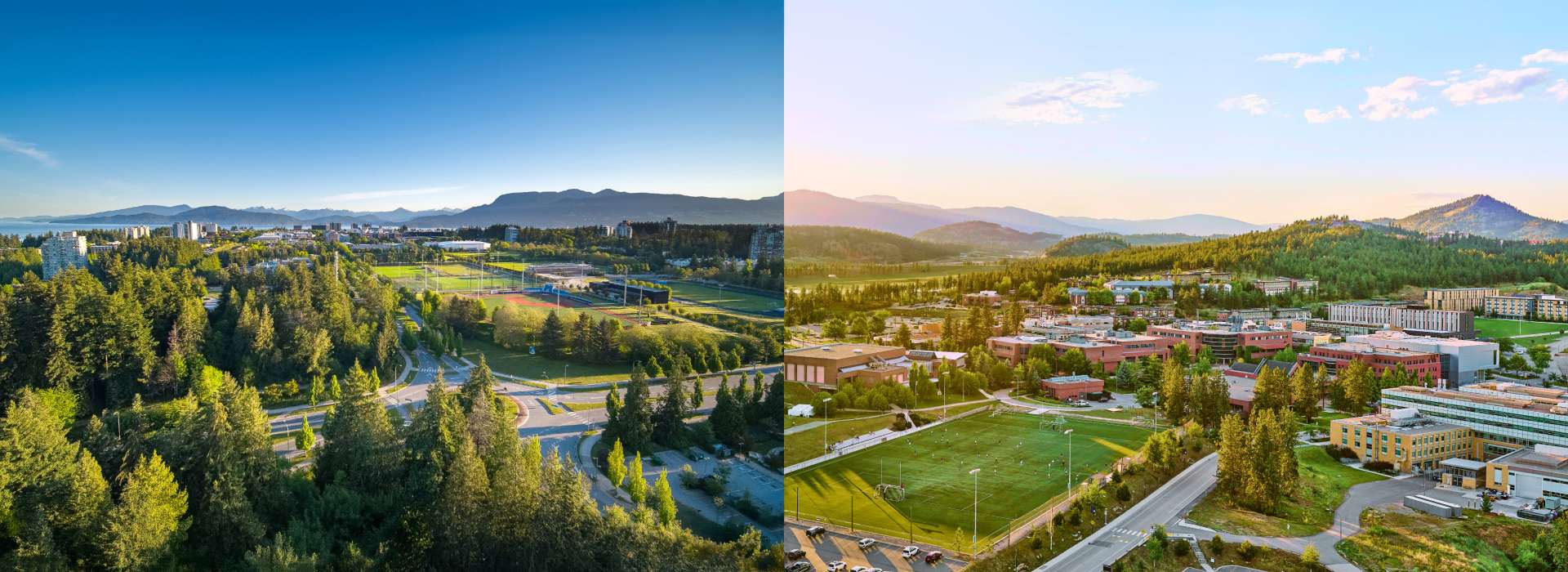 Side by side images of UBC Point Grey Campus and Okanagan Campus
