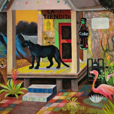 Artwork of animals in front of a porch