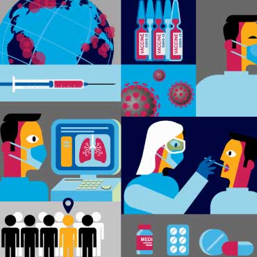 Illustration of covid vaccines and researchers