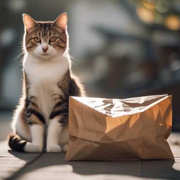 A cat sitting beside a paper bag