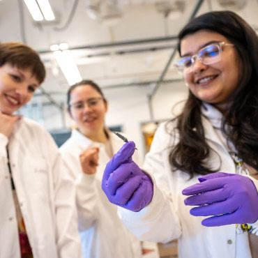 Dr. Alannah Hallas speaking with two graduate students in a lab