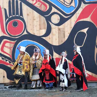 Haíłzaqv Chiefs Frank Brown, Ian Reid, Gary Housty, Carrie Easterbrook and Crystal Woods at the opening of the Haíłzaqv Language Building on Nov. 8, 2024, in Bella Bella, BC