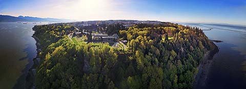 Aerial view of UBC Vancouver campus: the Point Grey cliffs and peninsula as seen from the ocean