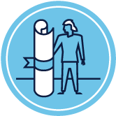 Illustration of a person standing beside a human-sized rolled diploma